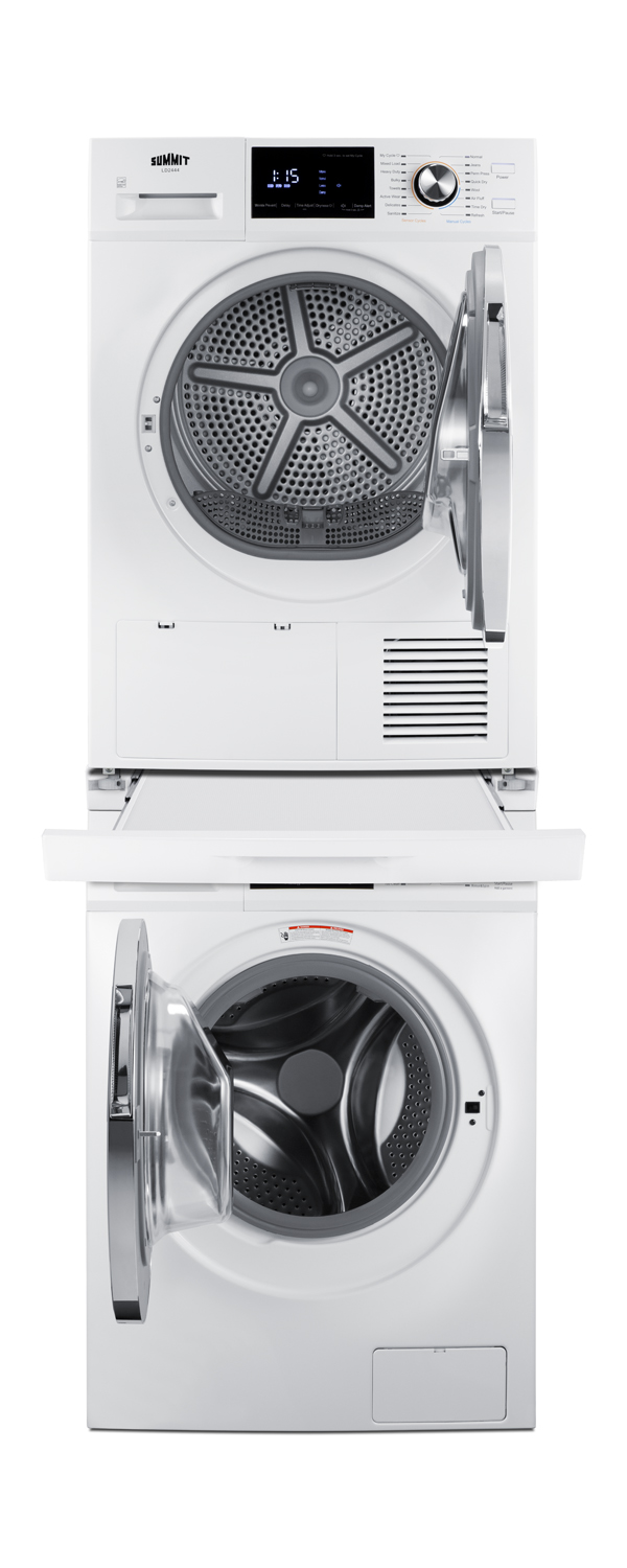Combination of ENERGY STAR certified LW2427 115V washer and 208-240V LD2444 heat pump dryer with stacking kit that includes a slide-out rack